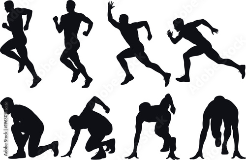 Running athlete silhouettes set showing sprint start and motion poses isolated on white background, speed training, track and field, fitness sport illustration concept