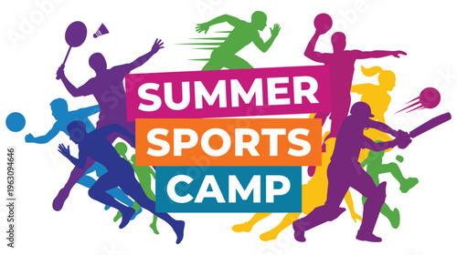 Summer sports camp colorful silhouette of athletes playing sports.