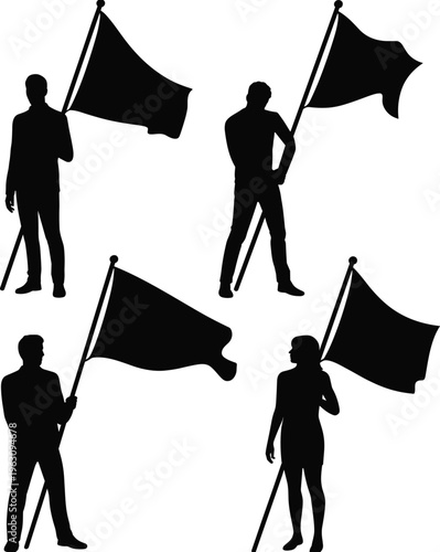 People silhouettes holding blank flags isolated on white background, protest, signaling, announcement, identity concept, demonstration symbols, communication, advertising banner illustration set