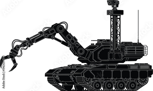 Military robotic tank with mechanical arm and surveillance tower isolated on white background defense technology vector illustration futuristic combat system