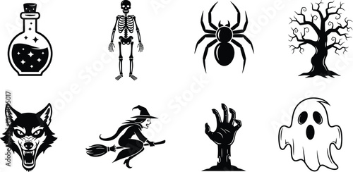 Vector set of spooky Halloween icons featuring a witch, ghost, skeleton, werewolf, spider, potion bottle, dead tree, and reaching zombie hand.