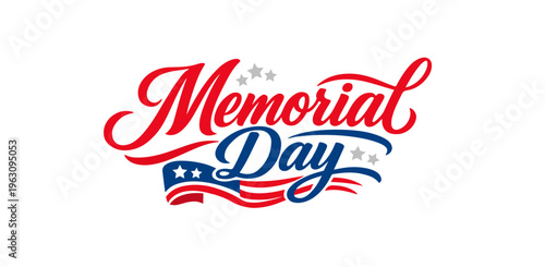 Happy Memorial Day typography logo featuring American flag elements and patriotic stars