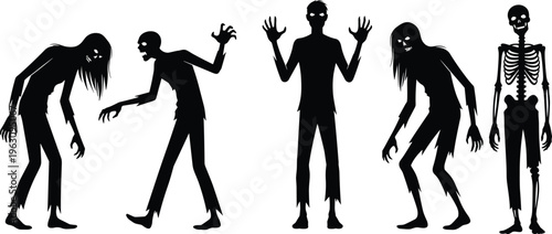 Set of creepy zombie silhouettes and undead skeleton figures standing in spooky poses for Halloween horror design and vector graphic projects.