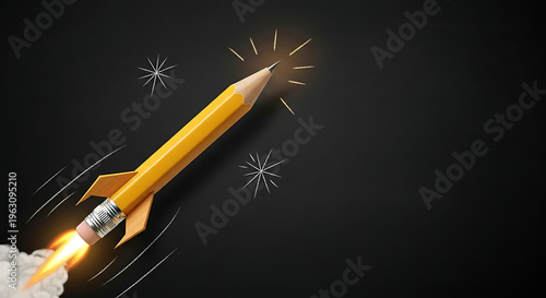 Yellow pencil rocket launching into space on chalkboard background, creativity concept