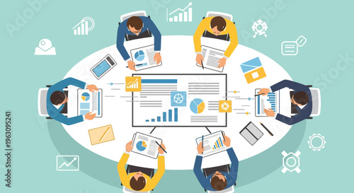 Business people discussing data analysis report.