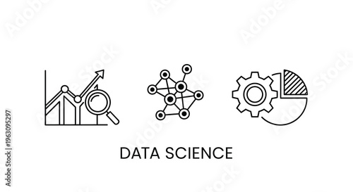 Data science icons depicting analysis networks and progress silhouette