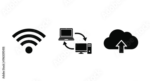Wireless connection to laptop server and cloud a digital silhouette