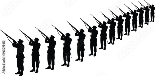 Military soldiers aiming rifles in diagonal formation silhouette isolated on white background army shooting drill discipline concept vector illustration