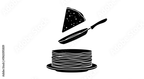 Pancake flipping in a pan above a stack of pancakes, black and white illustration.