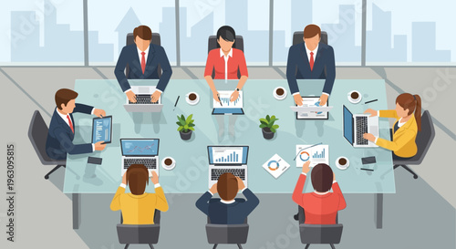 Business people sitting around meeting table.