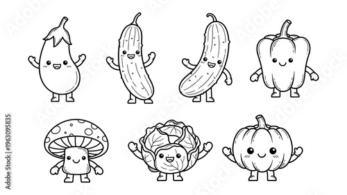 Cute vegetable characters coloring book page with happy eggplant cucumber pepper mushroom cabbage and pumpkin for kids education