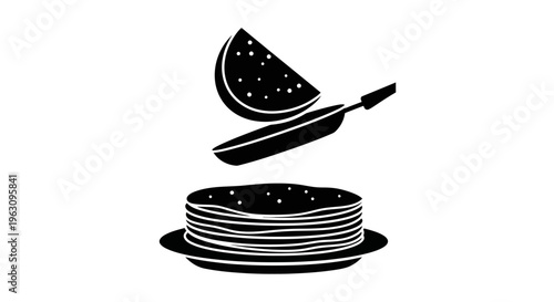 Pancakes being flipped in a pan with a stack on a plate.