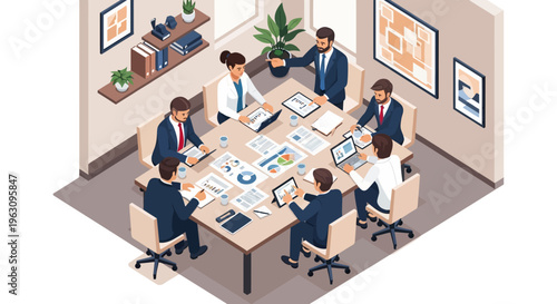 Business people sitting around meeting table.