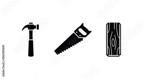 Construction tools hammer saw and wood in black silhouette