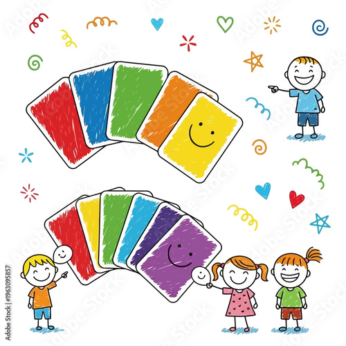 Happy children playing with colorful cards, education fun and learning concept, kids pointing at cards with smiles and excitement, creativity.