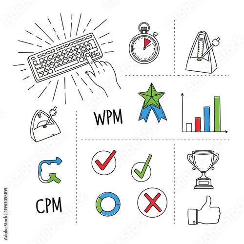 Typing speed test WPM CPM concept with keyboard timer metronome score bar graph trophy and feedback symbols for accuracy and progress.