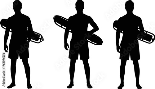 Lifeguard silhouette holding rescue tube beach safety swimmer protection emergency equipment water sport training coastal guard vector illustration concept