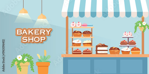 Flat Illustration of a Bakery Shop with Assorted Pastries