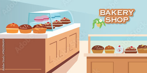Bakery Shop Interior with Display Cases and Baked Goods