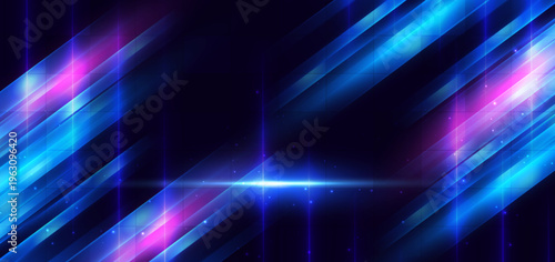 Futuristic diagonal neon light stripes technology background.