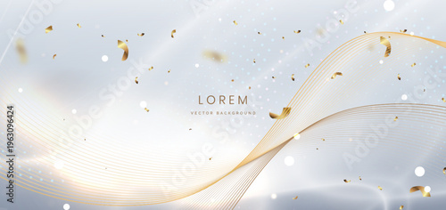 Abstract luxury white background with gold lighting and confetti effect sparkle
