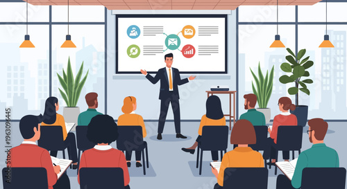 Businessman giving presentation to audience.