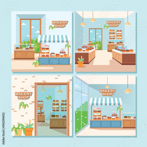 Bakery Shop Interior Flat Illustrations Collection