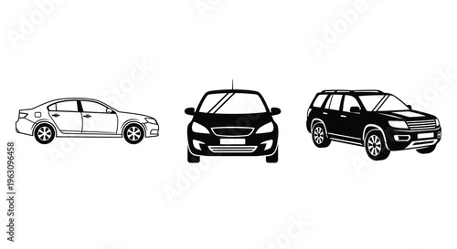 Three vehicle outlines displayed in a black and white illustration silhouette