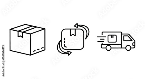 Delivery process depicted with boxes and a van line art silhouette