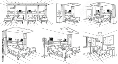 Hospital ward interior icons set with medical beds curtains monitoring equipment and iv stands hand drawn line art vector illustration