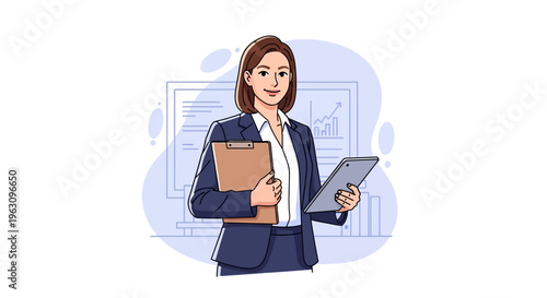 Businesswoman Holding Clipboard and Tablet.