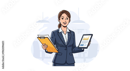 Businesswoman holding documents and tablet.