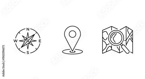 Minimalist travel icons depicting navigation and location silhouette