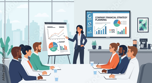 Businesswoman presenting to colleagues in meeting.