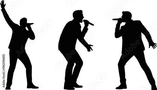 Male singers silhouettes with microphones, live performance energy, stage entertainment, suit attire, vector illustration, flat design, music art conceptMale singers silhouettes with 