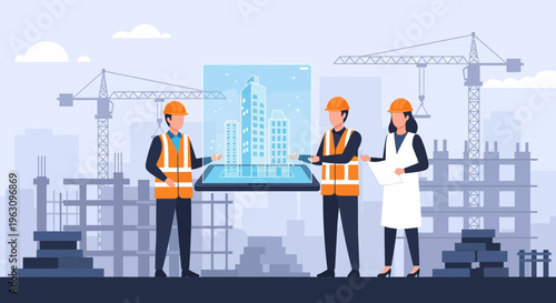 Construction workers in orange vests.