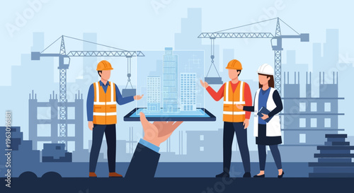 Construction workers in safety gear.