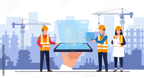 Construction workers with tablet device.