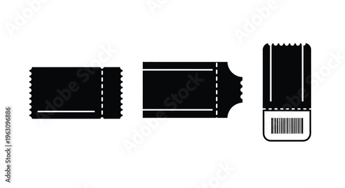 Three black ticket shapes displayed in a row minimalistic silhouette
