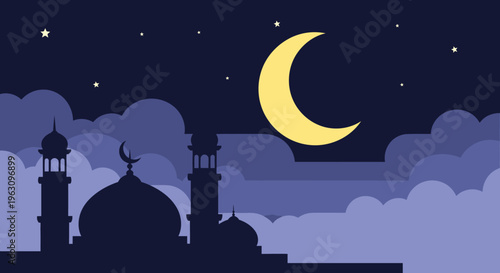 Crescent Moon Above Mosque Silhouette Night.