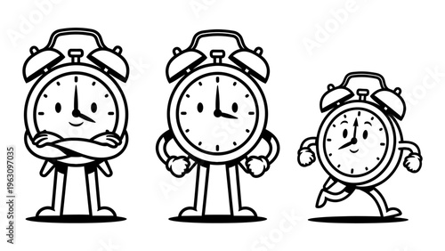 Cartoon alarm clock character set in various poses for time management and deadline concepts