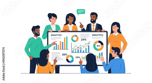 Diverse group discussing business analytics data.