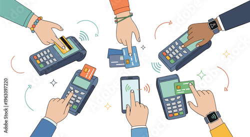 Hands using credit cards mobile phone and smart watch for contactless payment on pos terminal machine vector illustration