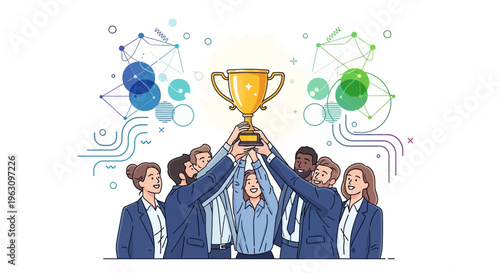 Diverse group of people holding trophy.