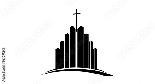Minimalist Black and White Church Silhouette with Cross on White Background.