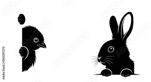 Black silhouette of a chicken and a rabbit peeking from the sides, isolated on white background.