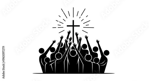 Silhouettes of people raising hands towards a glowing Christian cross.
