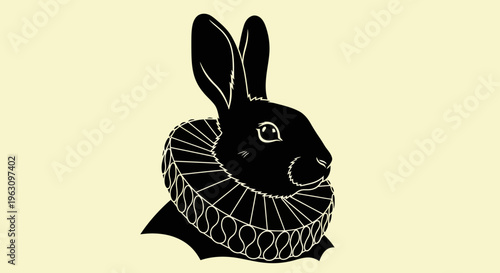 Elegant Black Rabbit with Elizabethan Ruff Collar Illustration.