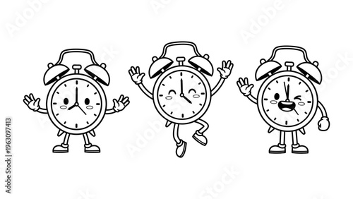 Cute cartoon alarm clock characters set in black and white line art for morning routine and time management concept