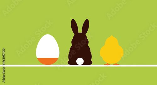 Easter themed illustration with egg, bunny, and chick silhouettes.